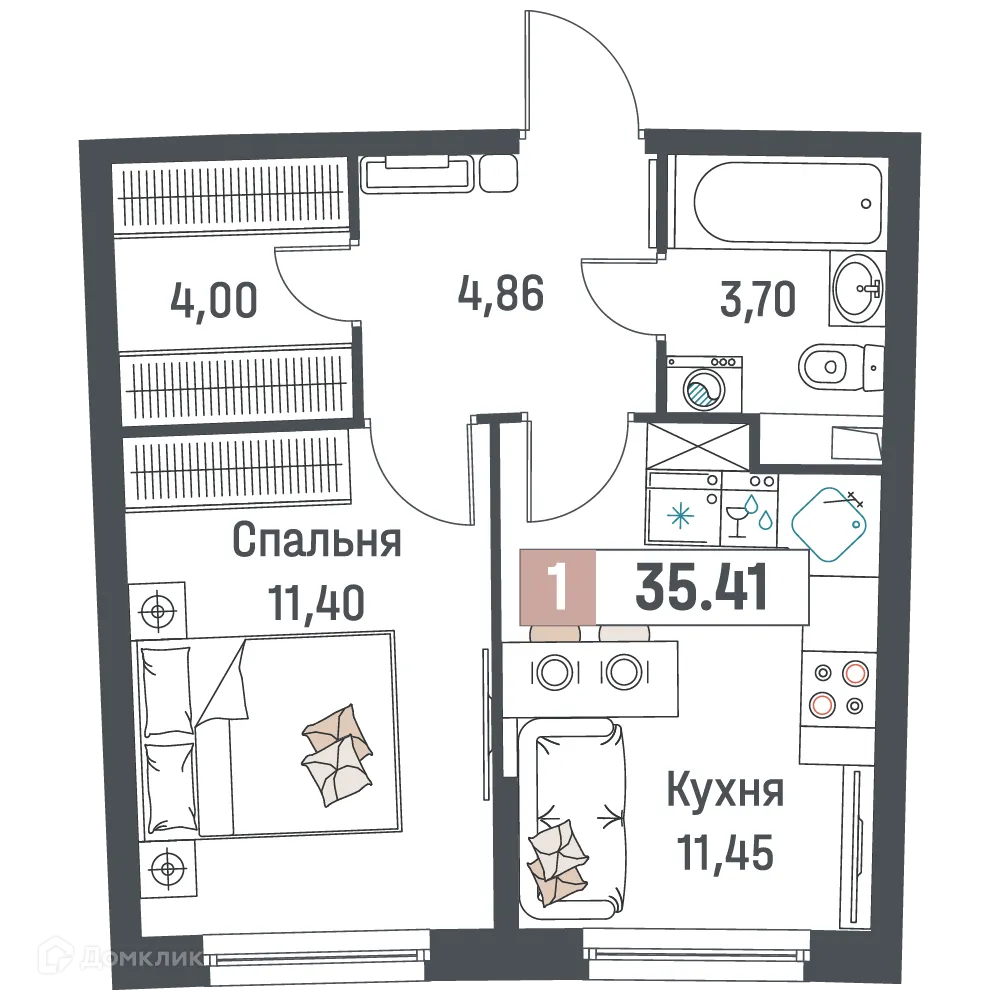 Планировка 1-комнатной квартиры 35.41 м² в ЖК "Авиатор", г. Мурино — фото 1