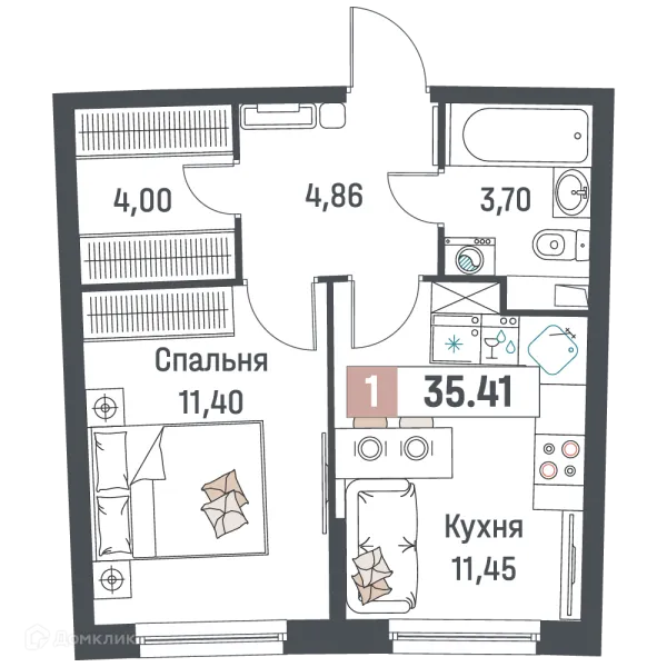 Планировка 1 комн. в ЖК "Авиатор"