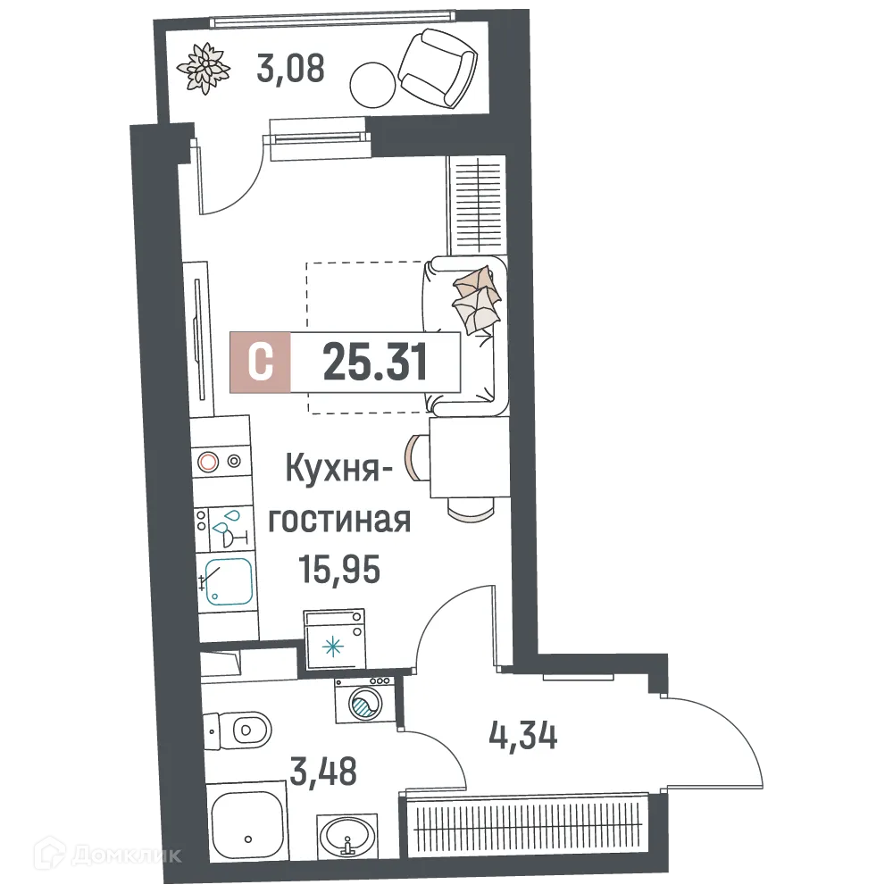 Планировка студии квартиры 25.31 м² в ЖК "Авиатор", г. Мурино — фото 1