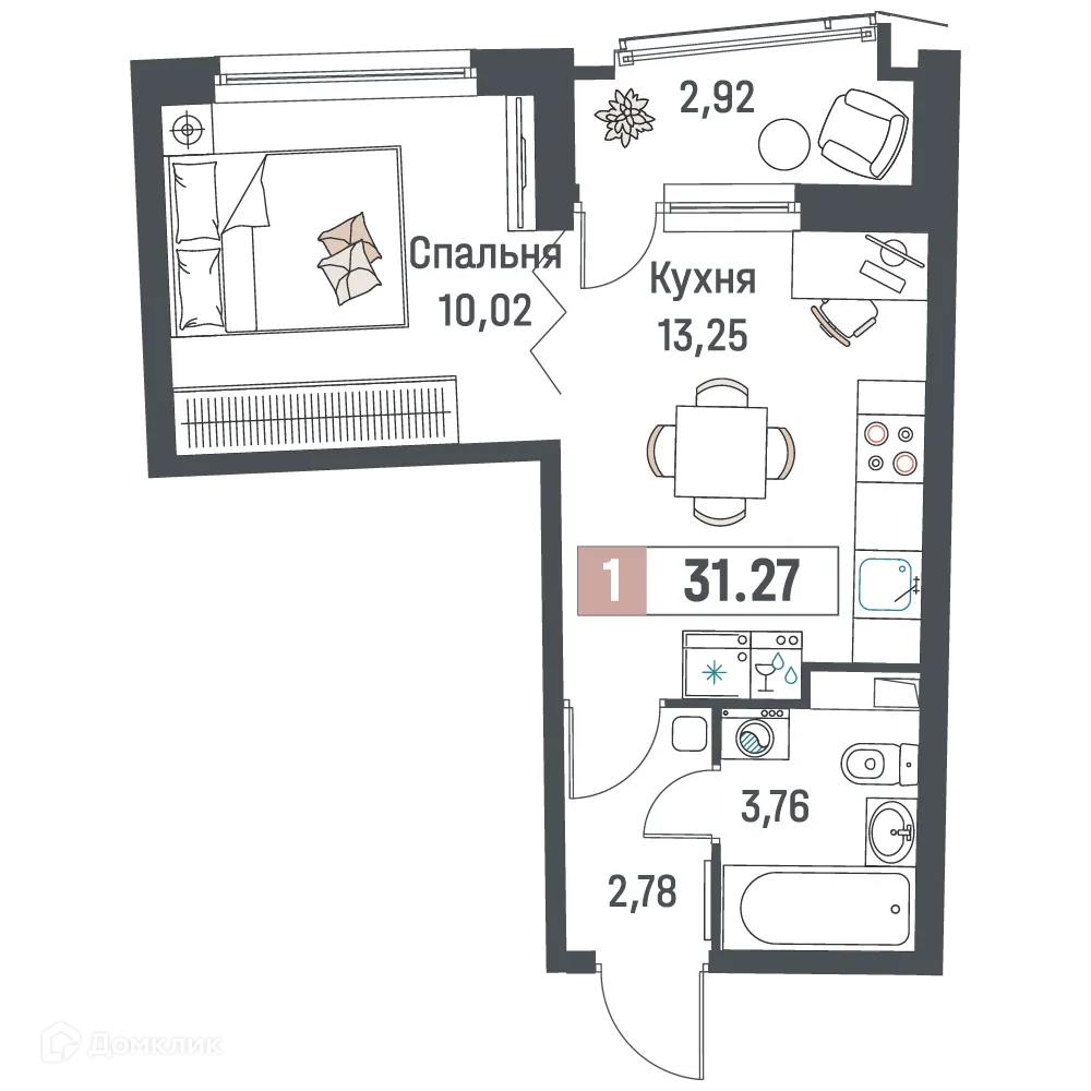 Планировка 1-комнатной квартиры 31.27 м² в ЖК "Авиатор", г. Мурино — фото 1