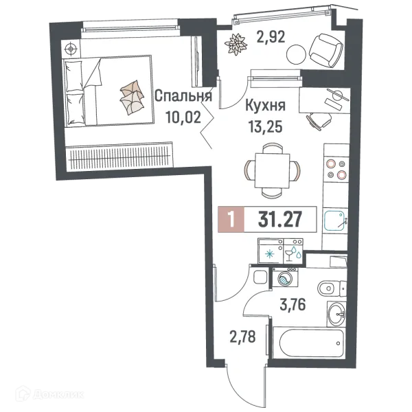 Планировка 1 комн. в ЖК "Авиатор"
