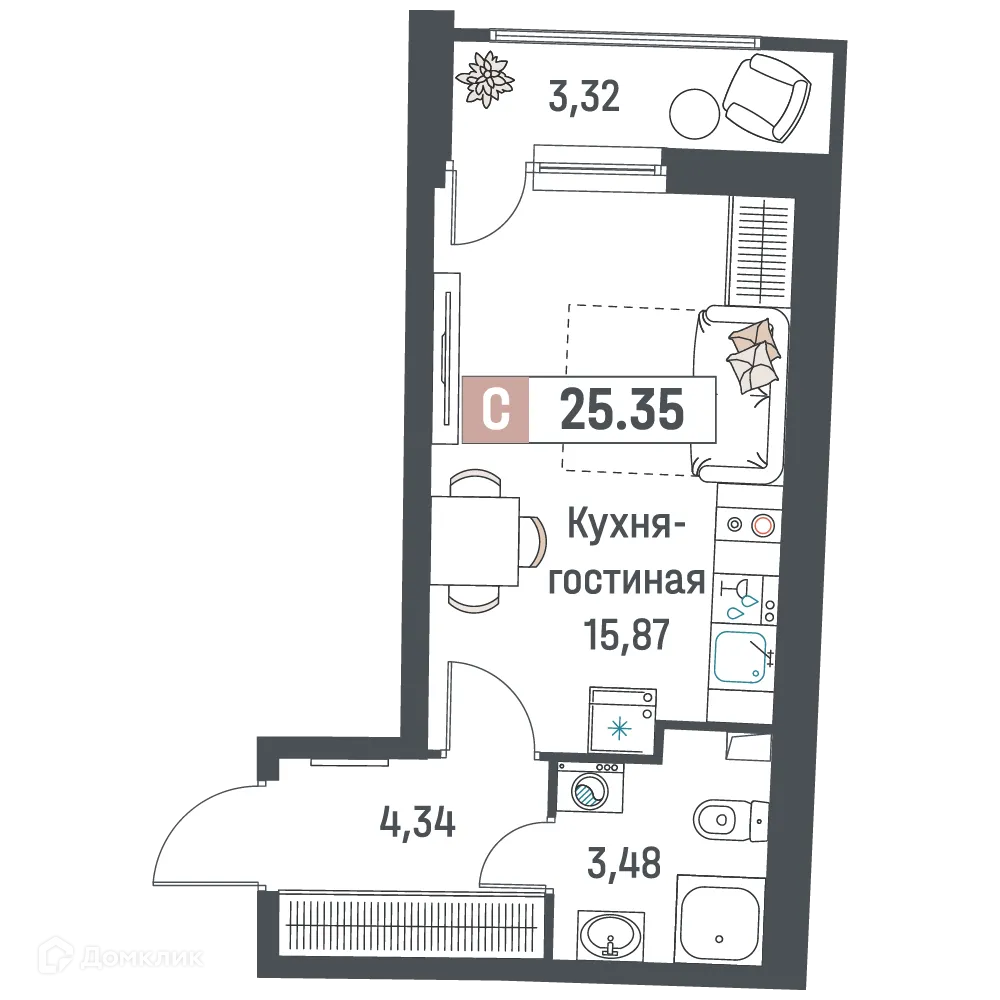 Планировка студии квартиры 25.35 м² в ЖК "Авиатор", г. Мурино — фото 1