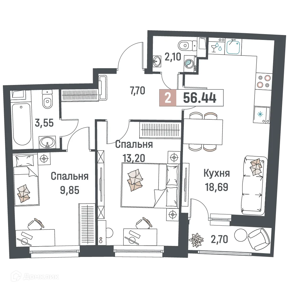 Планировка 2-комнатной квартиры 56.44 м² в ЖК "Авиатор", г. Мурино — фото 1