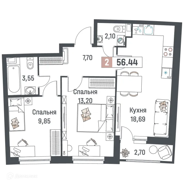 Планировка 2 комн. в ЖК "Авиатор"