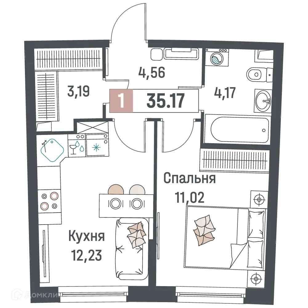 Планировка 1-комнатной квартиры 35.17 м² в ЖК "Авиатор", г. Мурино — фото 1