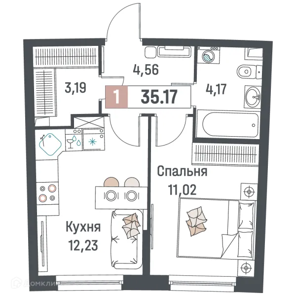 Планировка 1 комн. в ЖК "Авиатор"