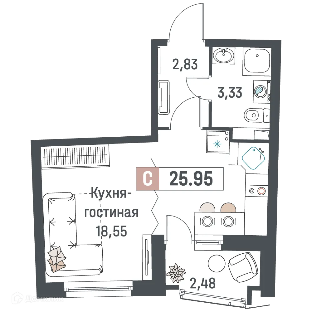 Планировка студии квартиры 25.95 м² в ЖК "Авиатор", г. Мурино — фото 1