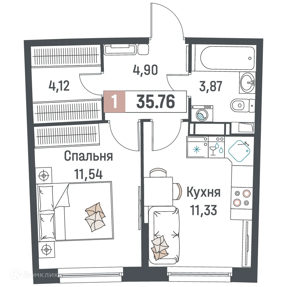 Планировка 1-комнатной квартиры 35.76 м² в ЖК "Авиатор", г. Мурино — фото 1