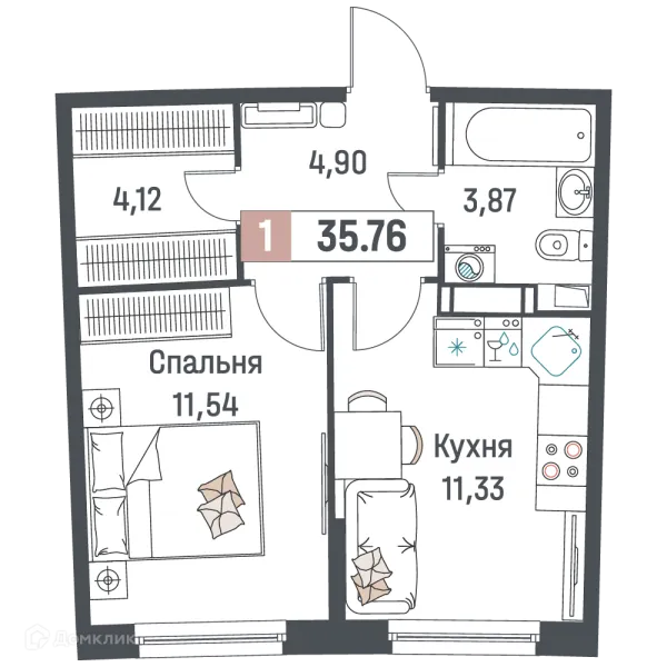 Планировка 1 комн. в ЖК "Авиатор"