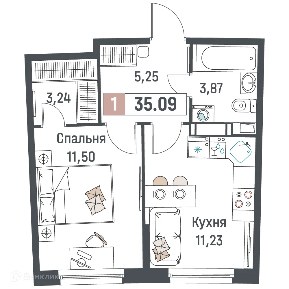 Планировка 1-комнатной квартиры 35.09 м² в ЖК "Авиатор", г. Мурино — фото 1
