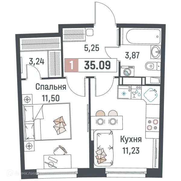 Планировка 1 комн. в ЖК "Авиатор"