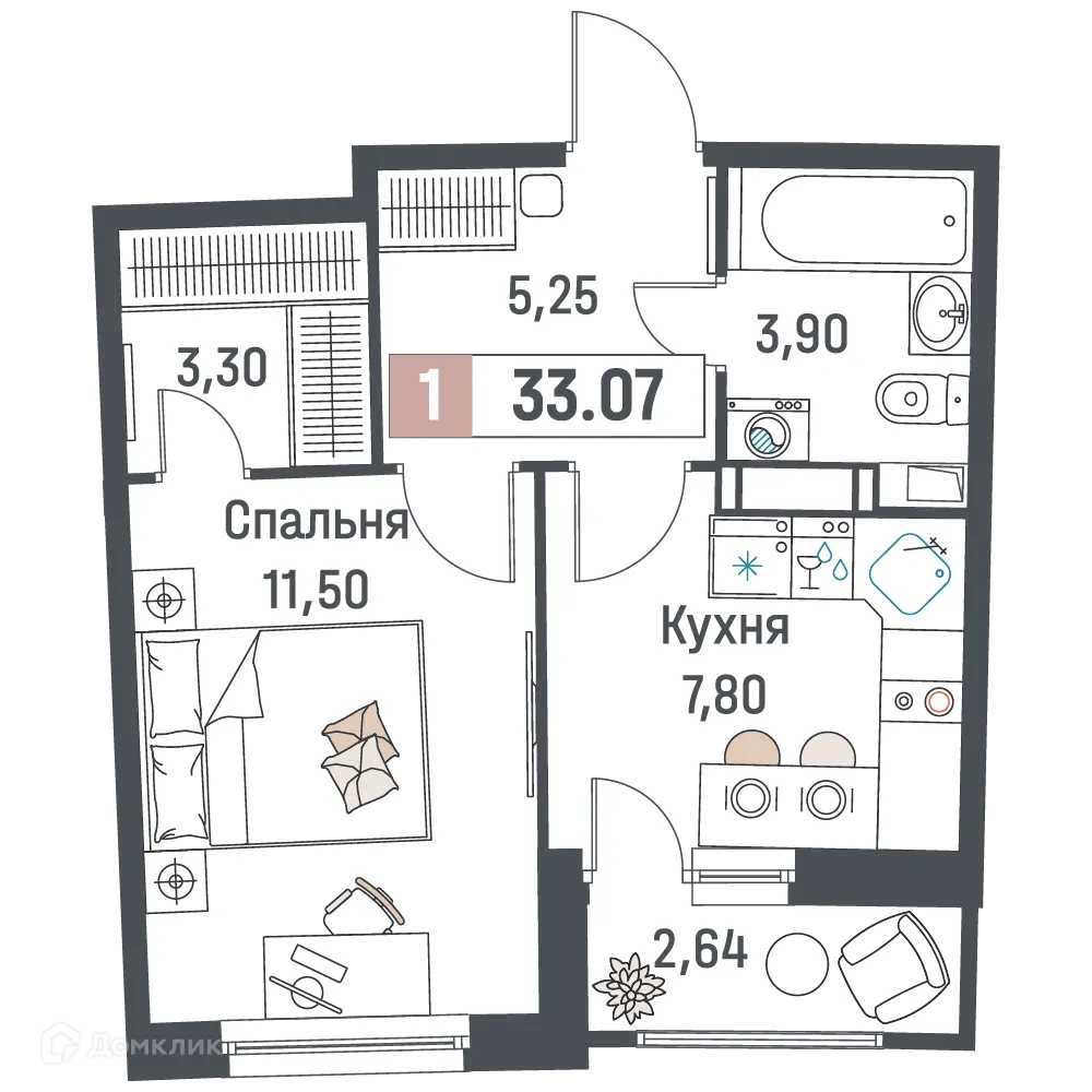 Планировка 1-комнатной квартиры 33.07 м² в ЖК "Авиатор", г. Мурино — фото 1