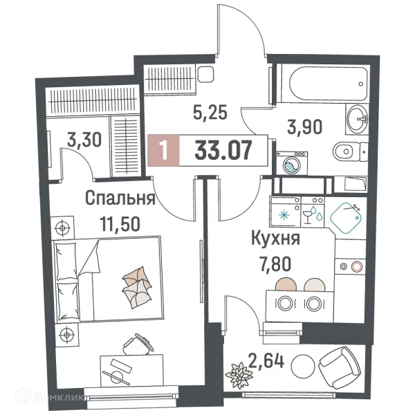 Планировка 1 комн. в ЖК "Авиатор"