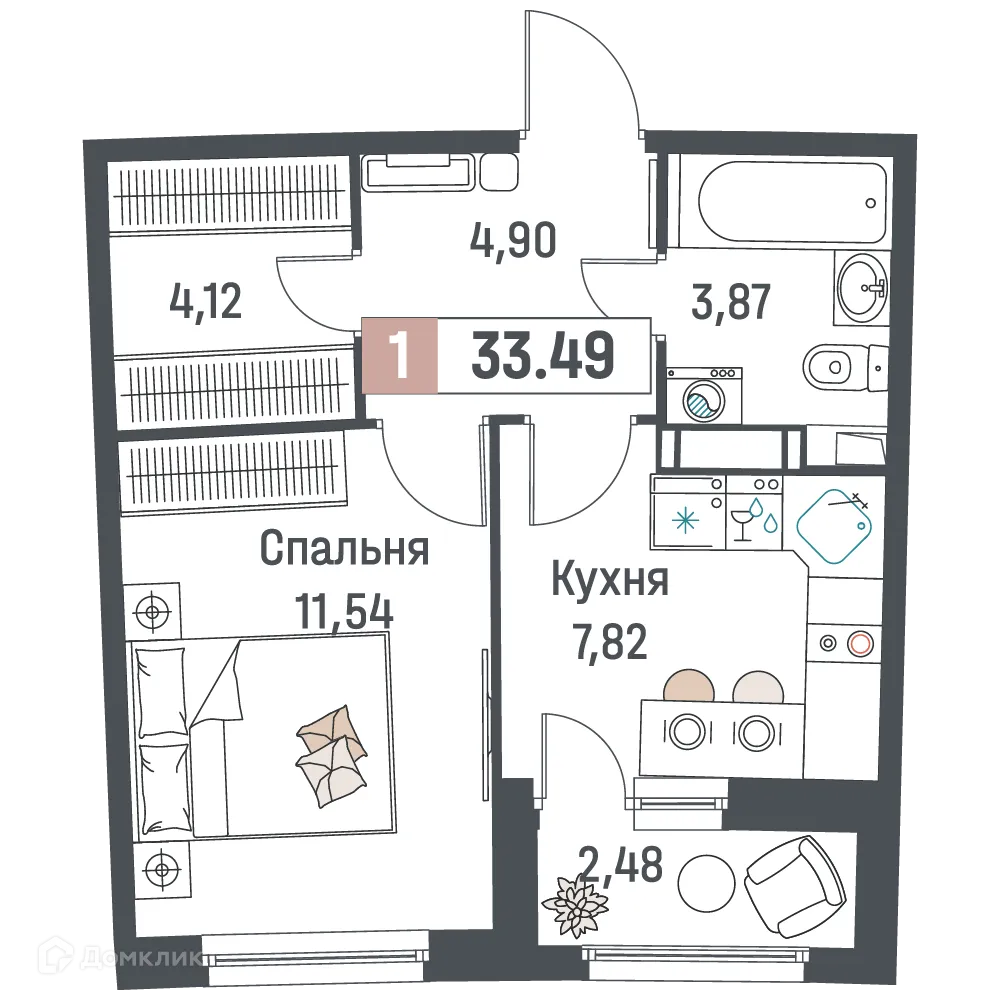 Планировка 1-комнатной квартиры 33.49 м² в ЖК "Авиатор", г. Мурино — фото 1