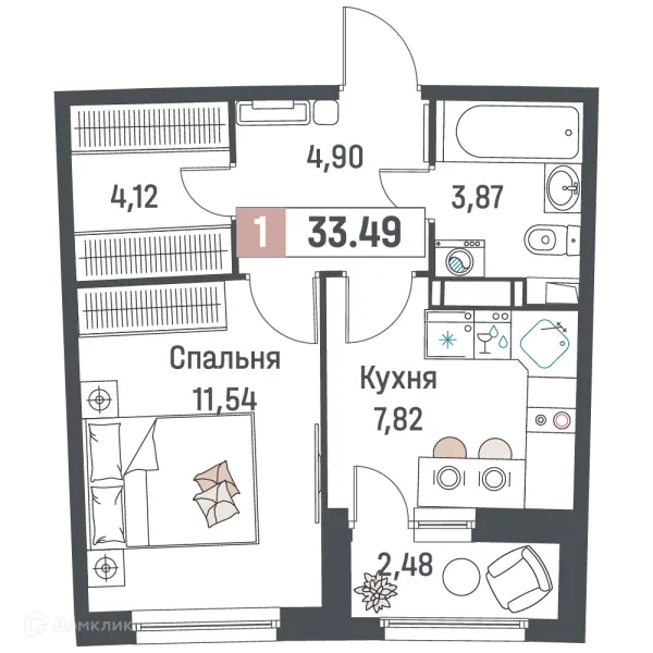Планировка 1 комн. в ЖК "Авиатор"