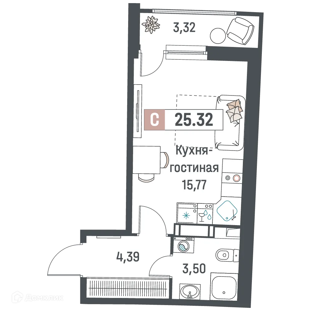Планировка студии квартиры 25.32 м² в ЖК "Авиатор", г. Мурино — фото 1