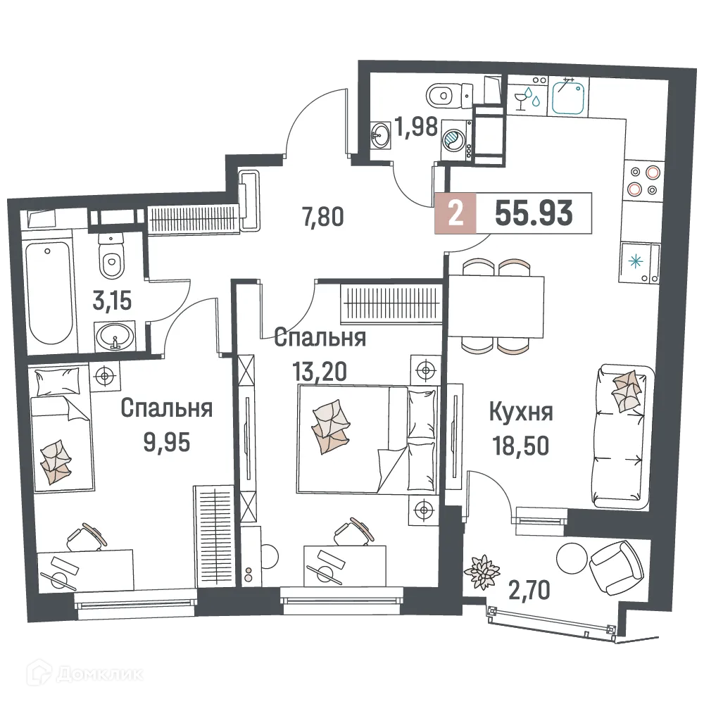 Планировка 2-комнатной квартиры 55.93 м² в ЖК "Авиатор", г. Мурино — фото 1
