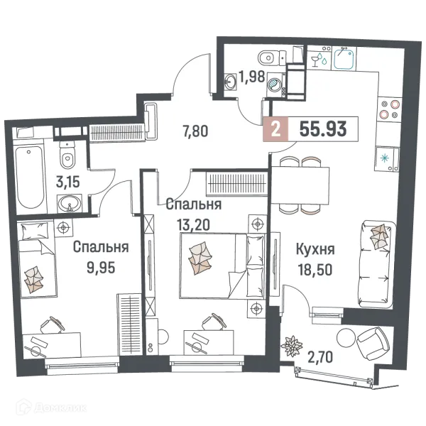 Планировка 2 комн. в ЖК "Авиатор"