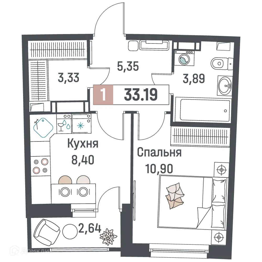 Планировка 1-комнатной квартиры 33.19 м² в ЖК "Авиатор", г. Мурино — фото 1