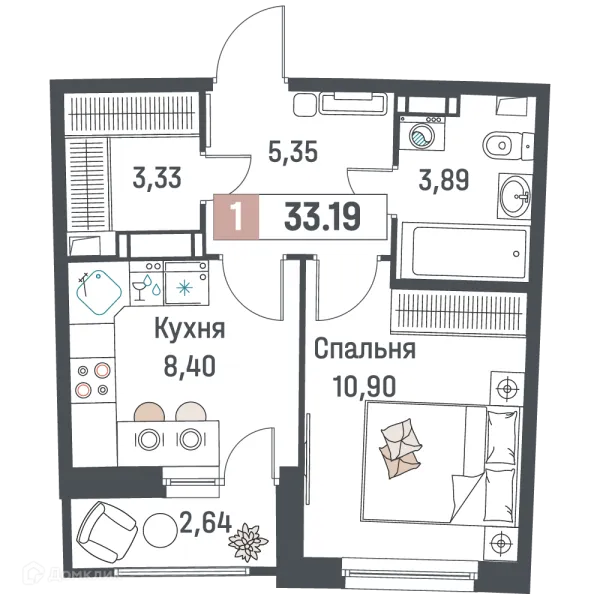 Планировка 1 комн. в ЖК "Авиатор"