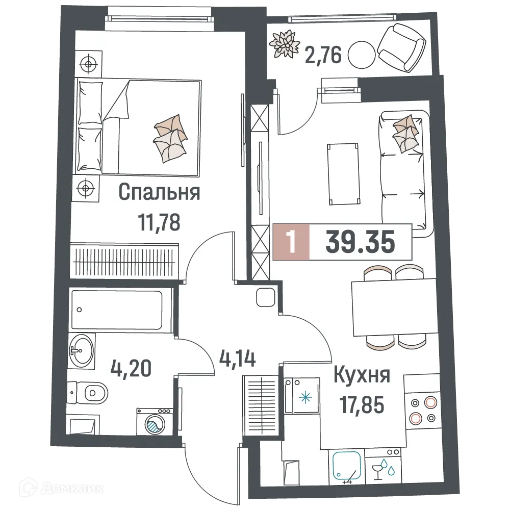 Планировка 1-комнатной квартиры 39.35 м² в ЖК "Авиатор", г. Мурино — фото 1