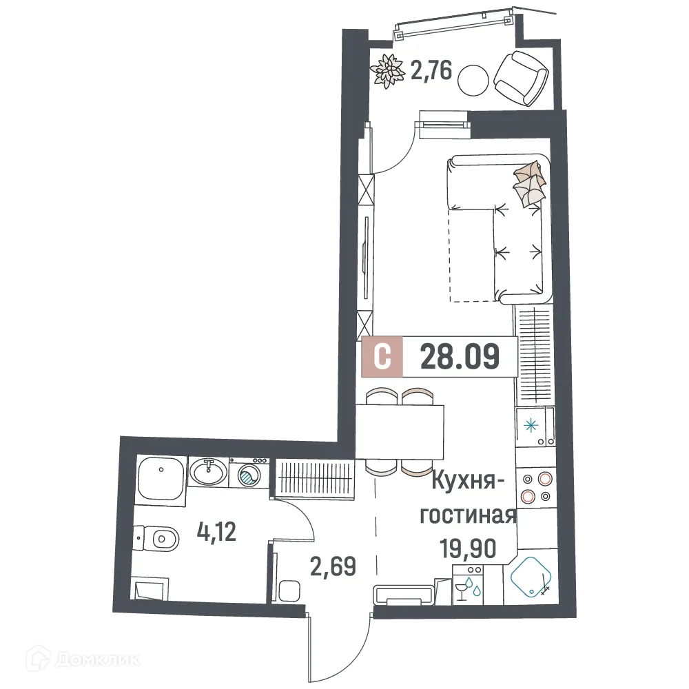 Планировка студии квартиры 28.09 м² в ЖК "Авиатор", г. Мурино — фото 1