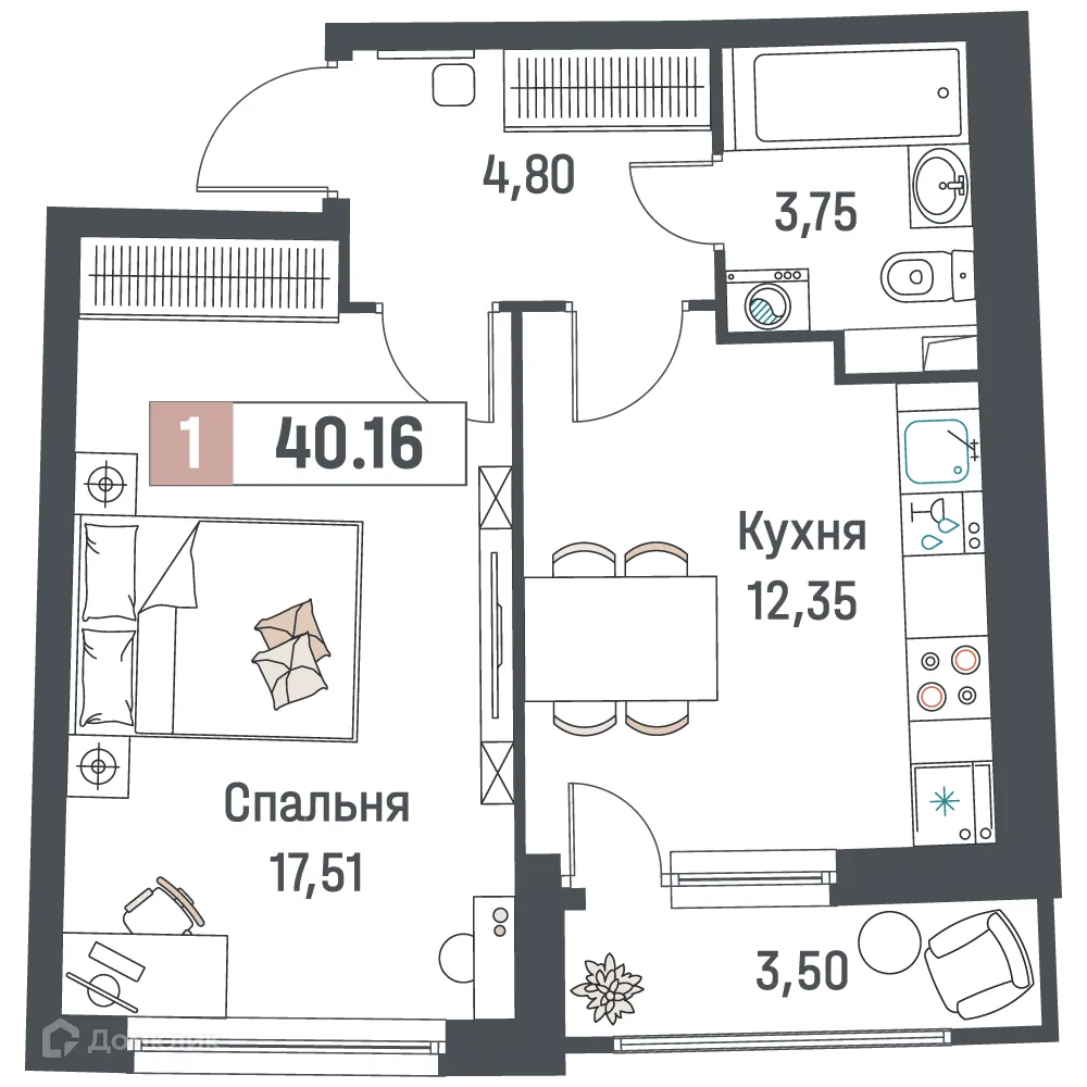 Планировка 1-комнатной квартиры 40.16 м² в ЖК "Авиатор", г. Мурино — фото 1
