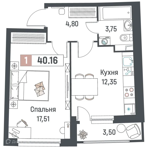 Планировка 1 комн. в ЖК "Авиатор"