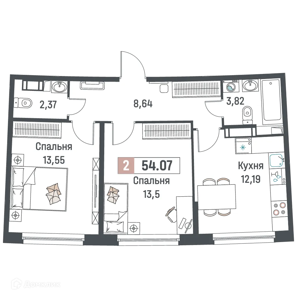 Планировка 2-комнатной квартиры 54.07 м² в ЖК "Авиатор", г. Мурино — фото 1