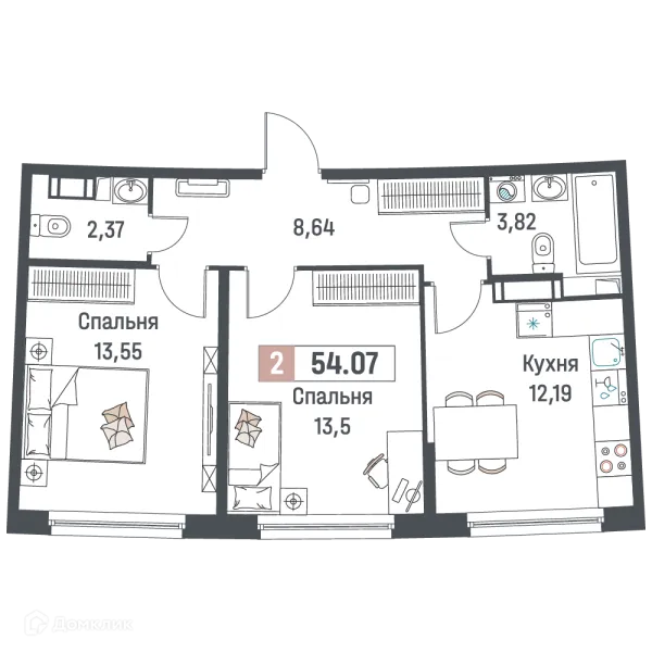 Планировка 2 комн. в ЖК "Авиатор"