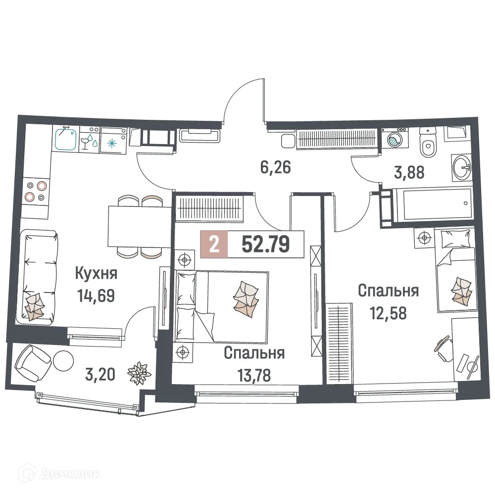 Планировка 2-комнатной квартиры 52.79 м² в ЖК "Авиатор", г. Мурино — фото 1