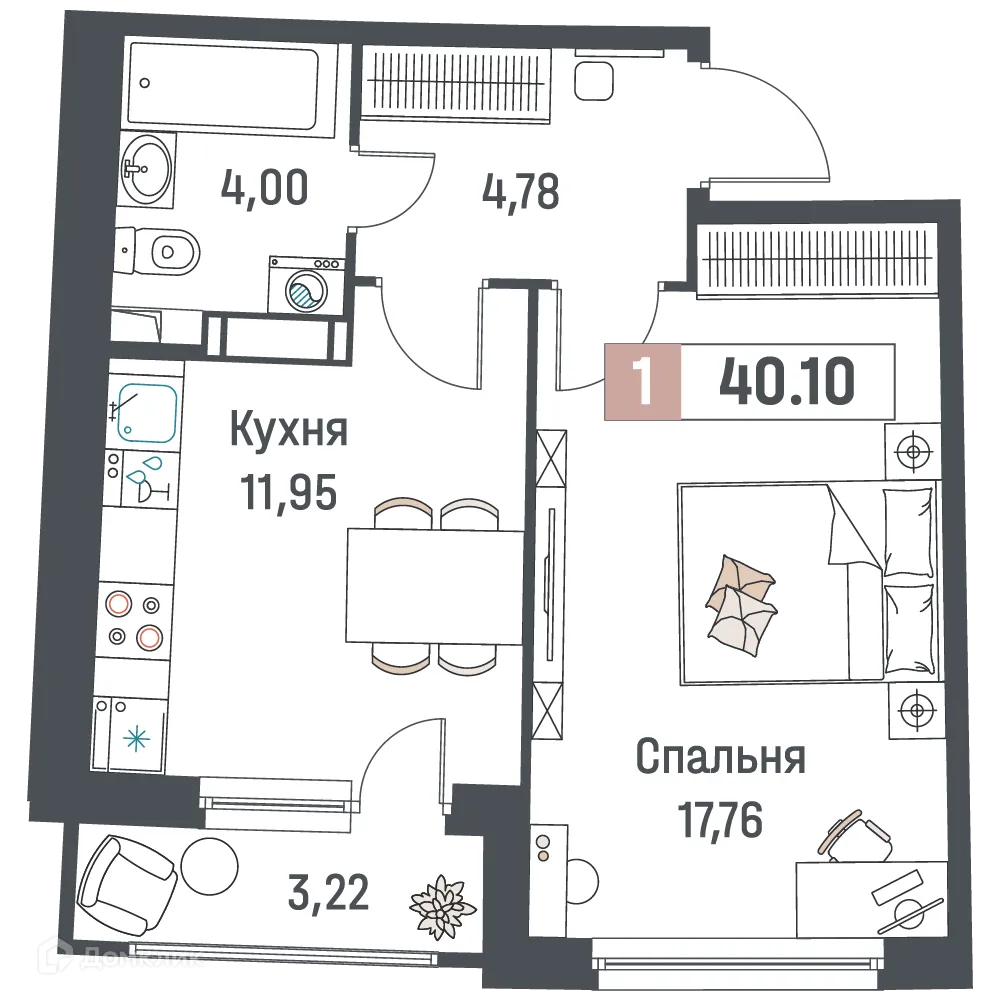 Планировка 1-комнатной квартиры 40.1 м² в ЖК "Авиатор", г. Мурино — фото 1