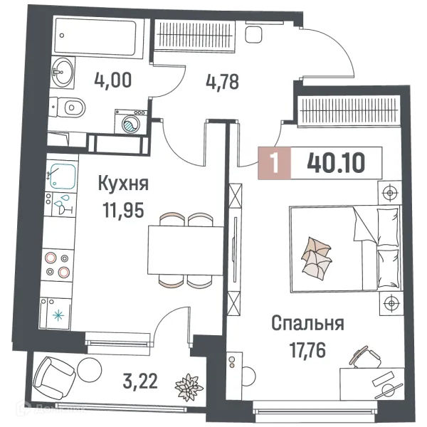 Планировка 1 комн. в ЖК "Авиатор"