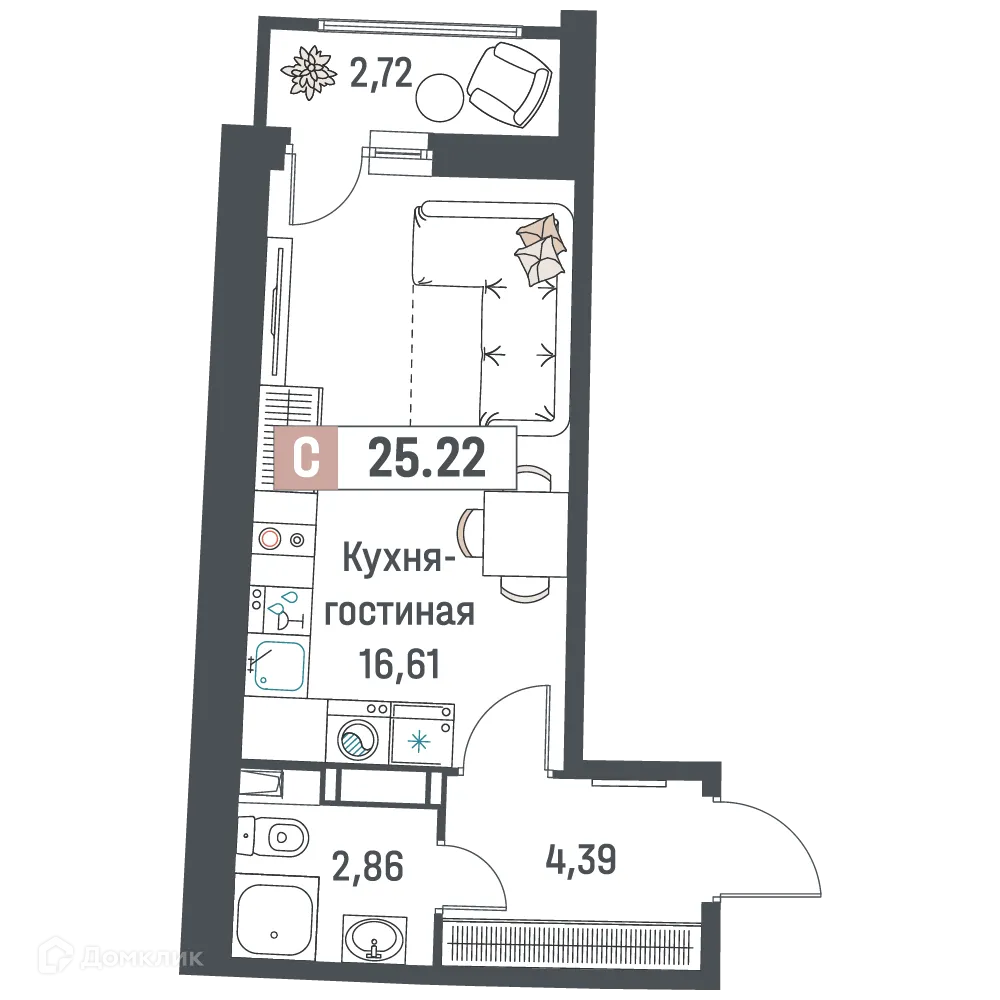 Планировка студии квартиры 25.22 м² в ЖК "Авиатор", г. Мурино — фото 1
