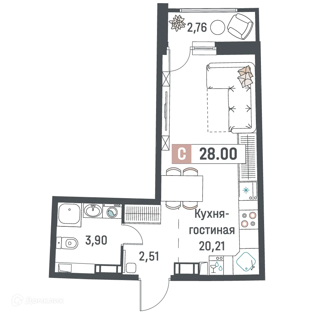 Планировка студии квартиры 28 м² в ЖК "Авиатор", г. Мурино — фото 1