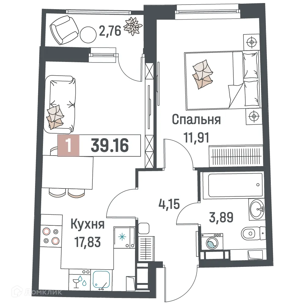 Планировка 1-комнатной квартиры 39.16 м² в ЖК "Авиатор", г. Мурино — фото 1