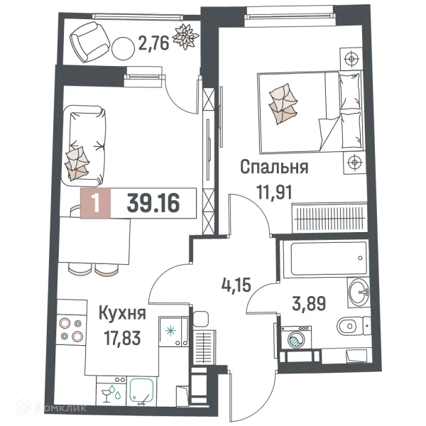 Планировка 1 комн. в ЖК "Авиатор"