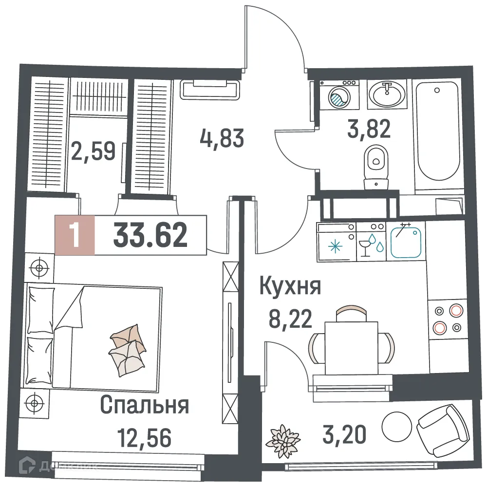 Планировка 1-комнатной квартиры 33.62 м² в ЖК "Авиатор", г. Мурино — фото 1