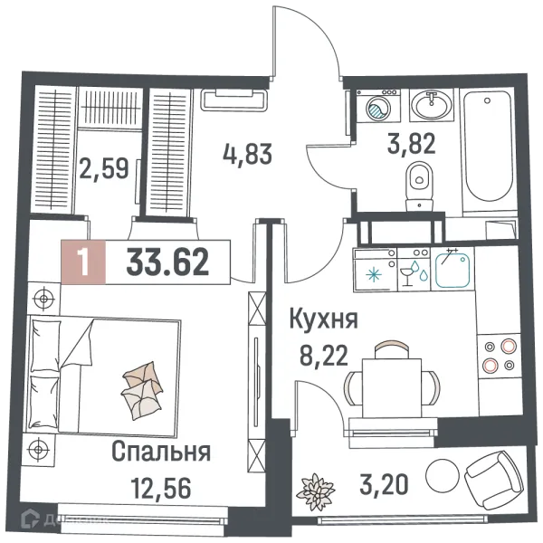 Планировка 1 комн. в ЖК "Авиатор"