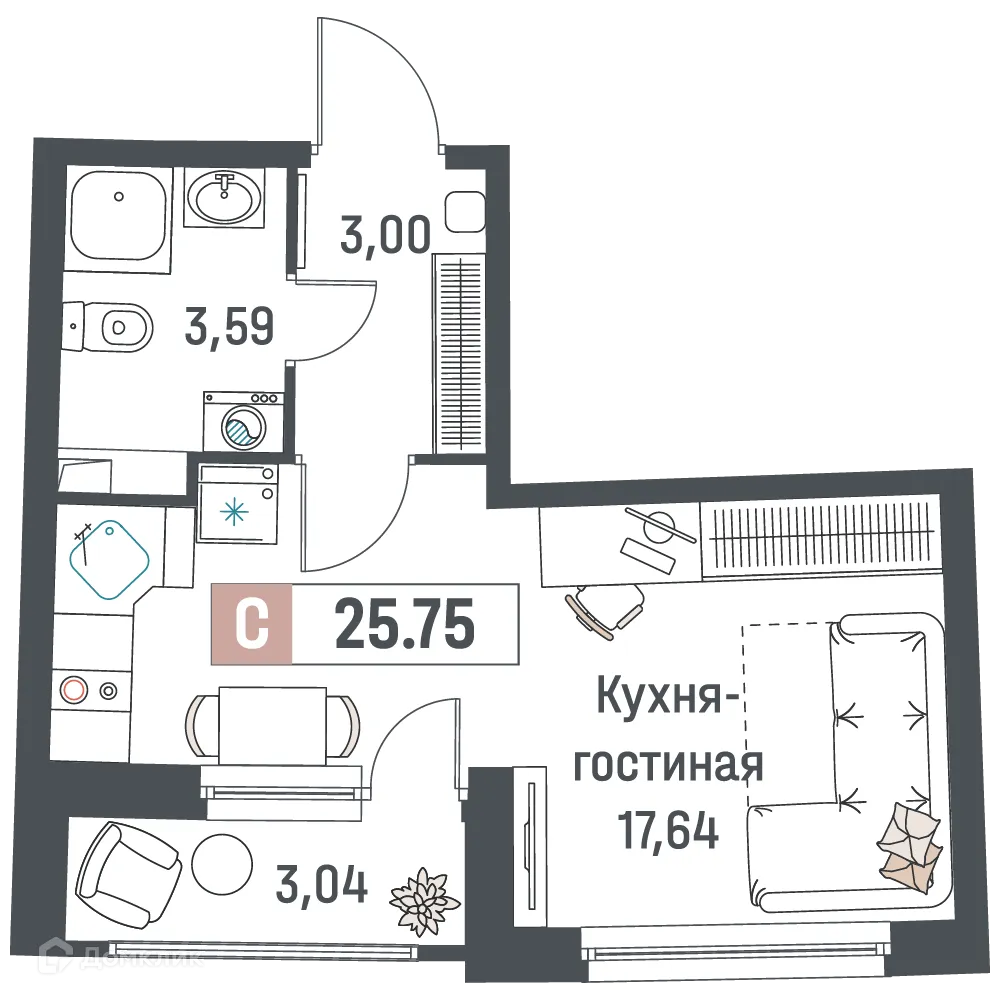 Планировка студии квартиры 25.75 м² в ЖК "Авиатор", г. Мурино — фото 1