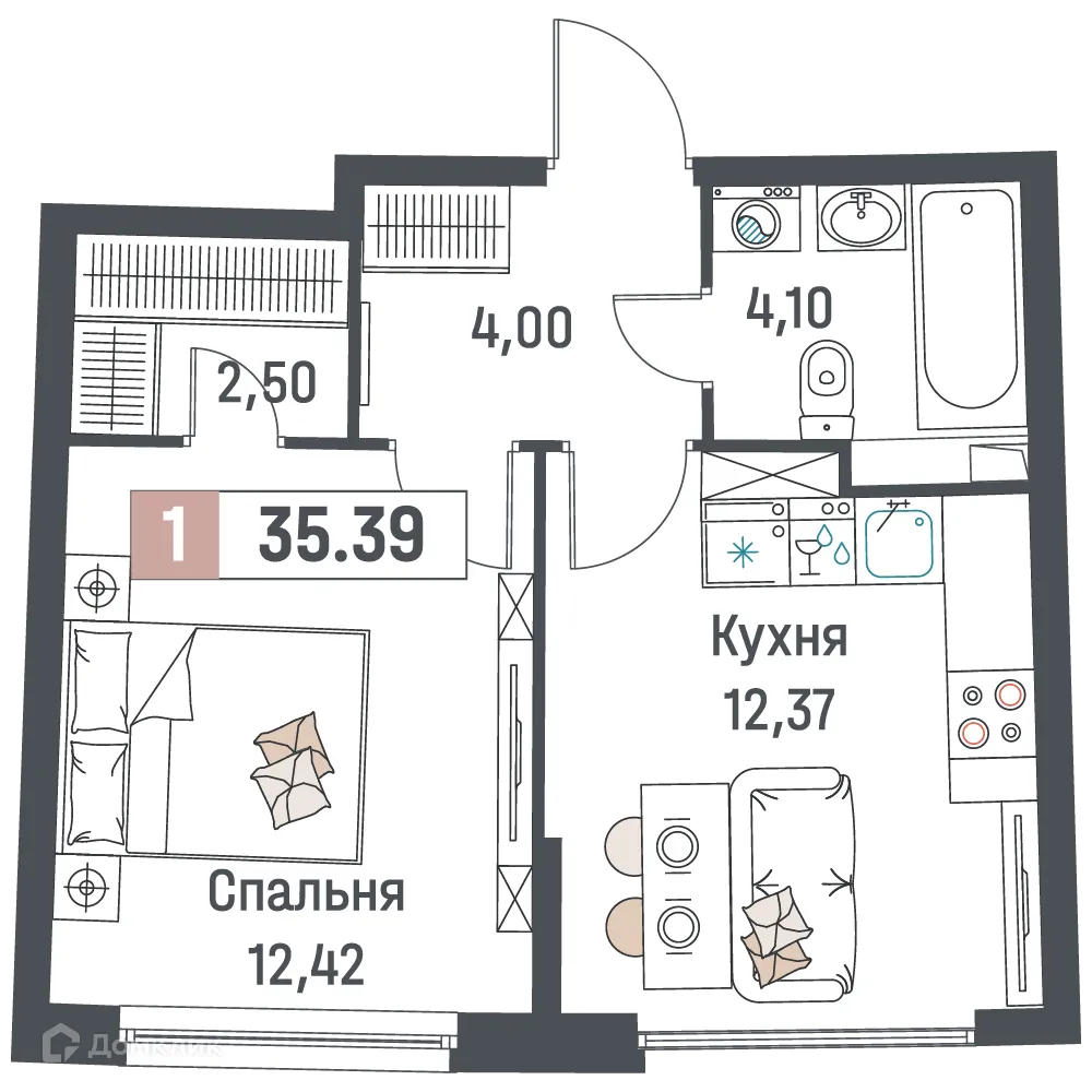 Планировка 1-комнатной квартиры 35.39 м² в ЖК "Авиатор", г. Мурино — фото 1