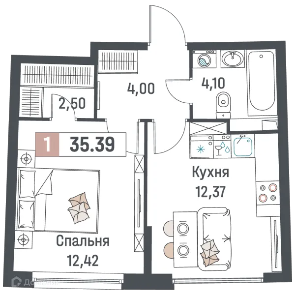 Планировка 1 комн. в ЖК "Авиатор"