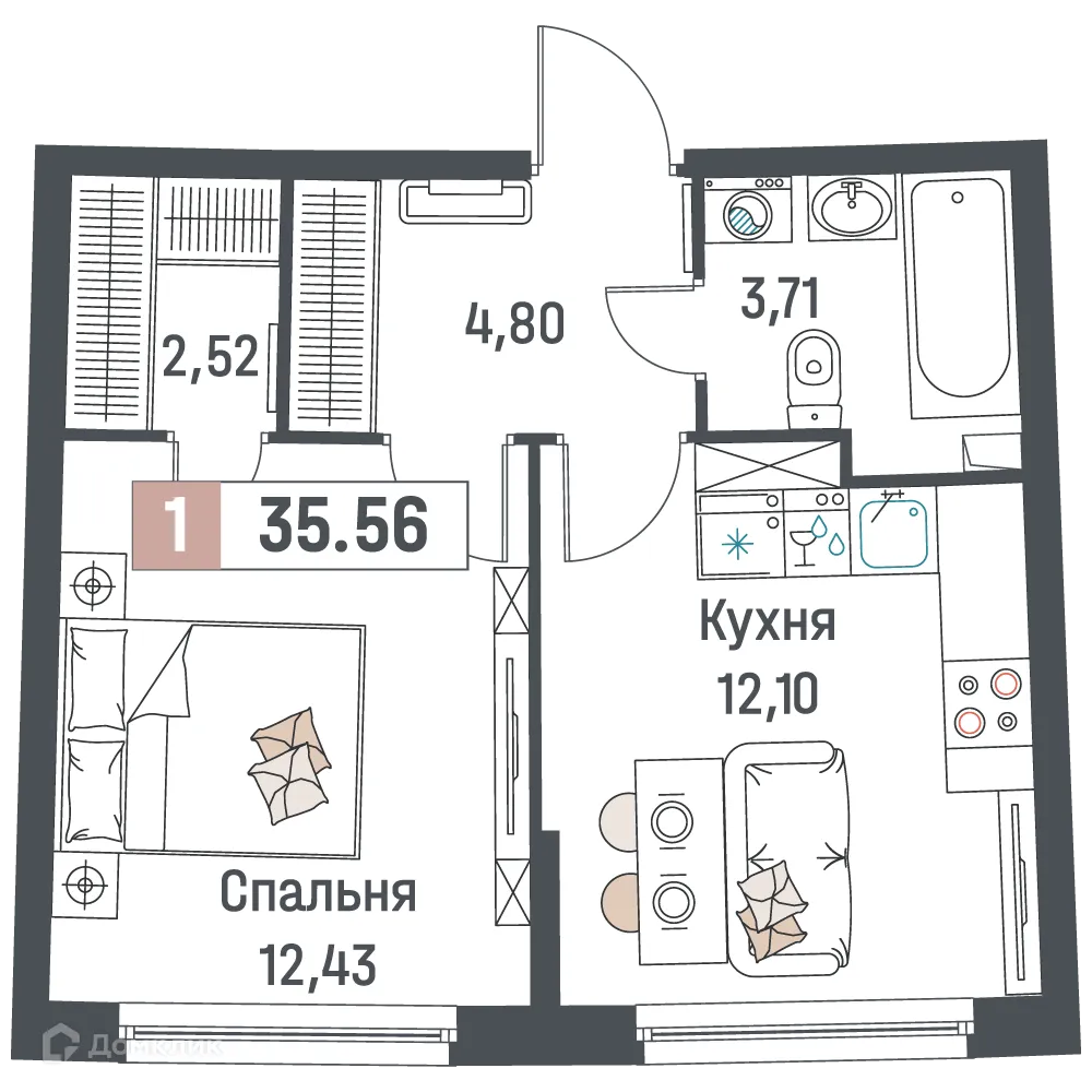Планировка 1-комнатной квартиры 35.56 м² в ЖК "Авиатор", г. Мурино — фото 1