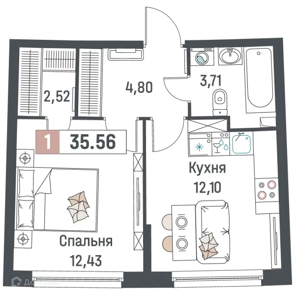 Планировка 1 комн. в ЖК "Авиатор"