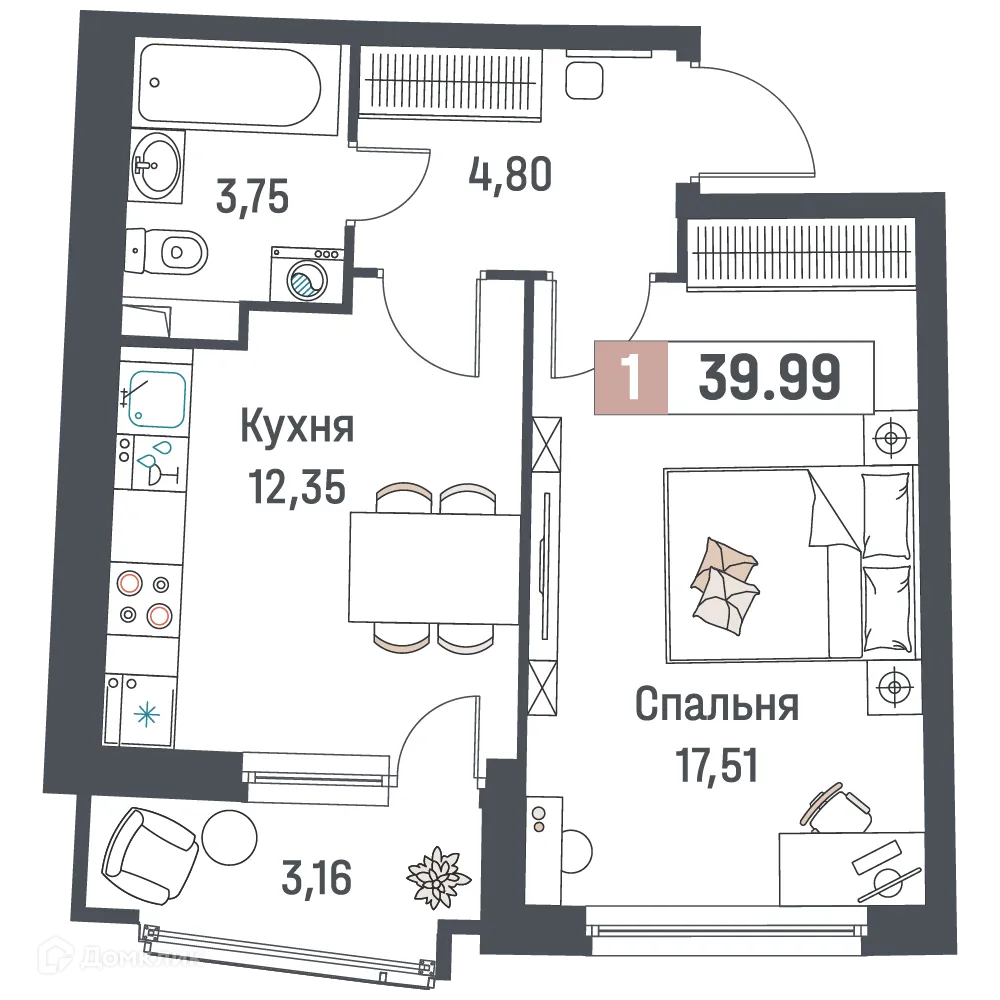 Планировка 1-комнатной квартиры 39.99 м² в ЖК "Авиатор", г. Мурино — фото 1