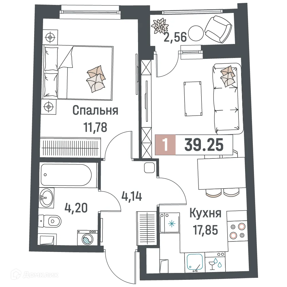 Планировка 1-комнатной квартиры 39.25 м² в ЖК "Авиатор", г. Мурино — фото 1
