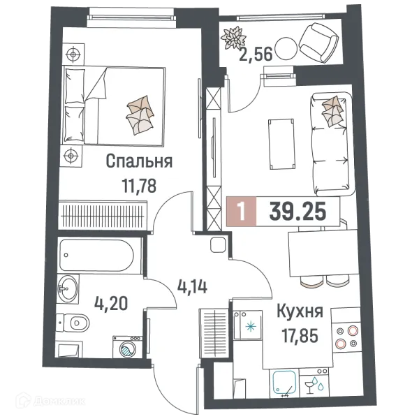 Планировка 1 комн. в ЖК "Авиатор"