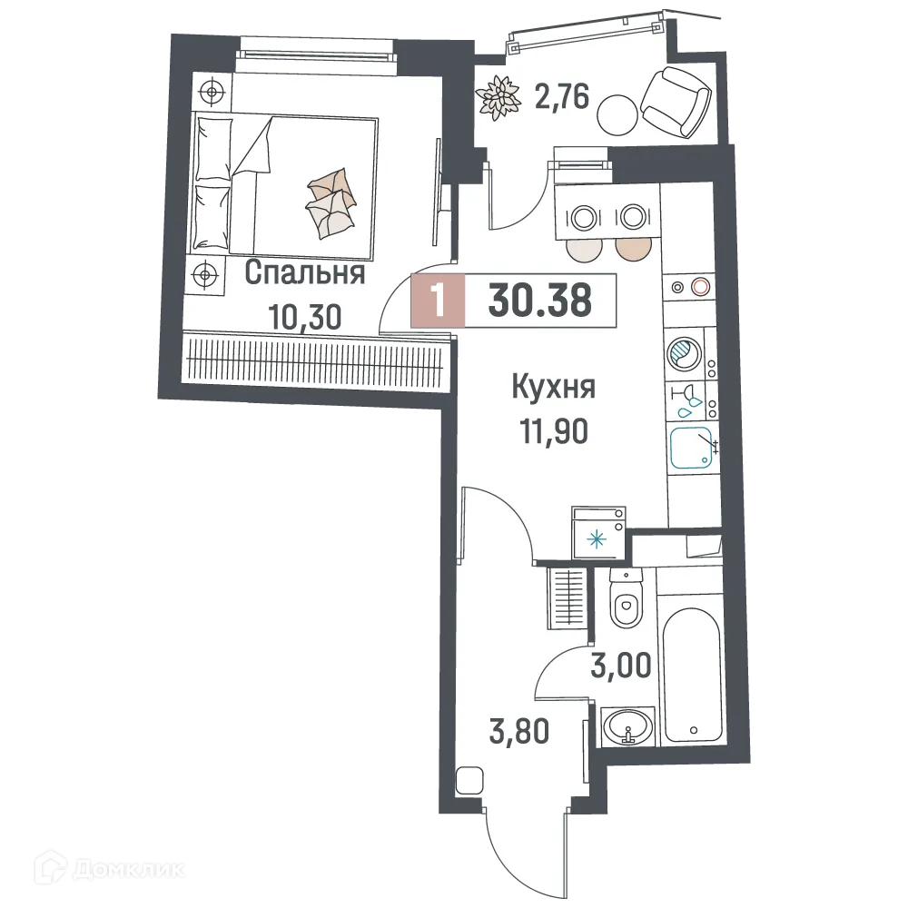 Планировка 1-комнатной квартиры 30.38 м² в ЖК "Авиатор", г. Мурино — фото 1