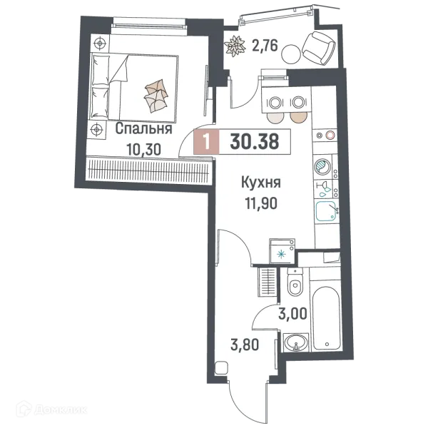 Планировка 1 комн. в ЖК "Авиатор"