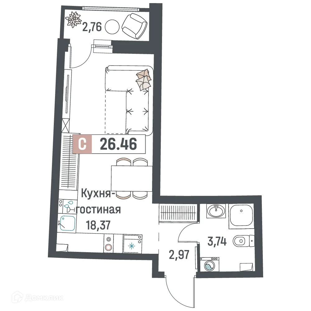 Планировка студии квартиры 26.46 м² в ЖК "Авиатор", г. Мурино — фото 1